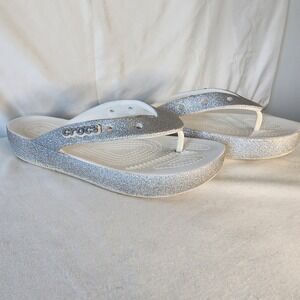 Crocs Womens Size 9 Silver Glitter Platform Flip Flops Thong Sandals